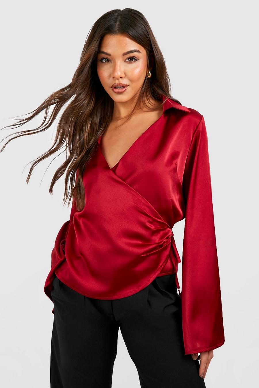 Merlot red Satin Flared Sleeve Wrap Front Blouse