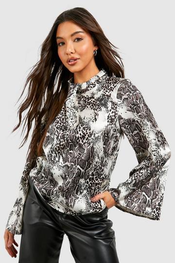 Cream White Satin Mixed Print Twist Neck Flared Sleeve Blouse