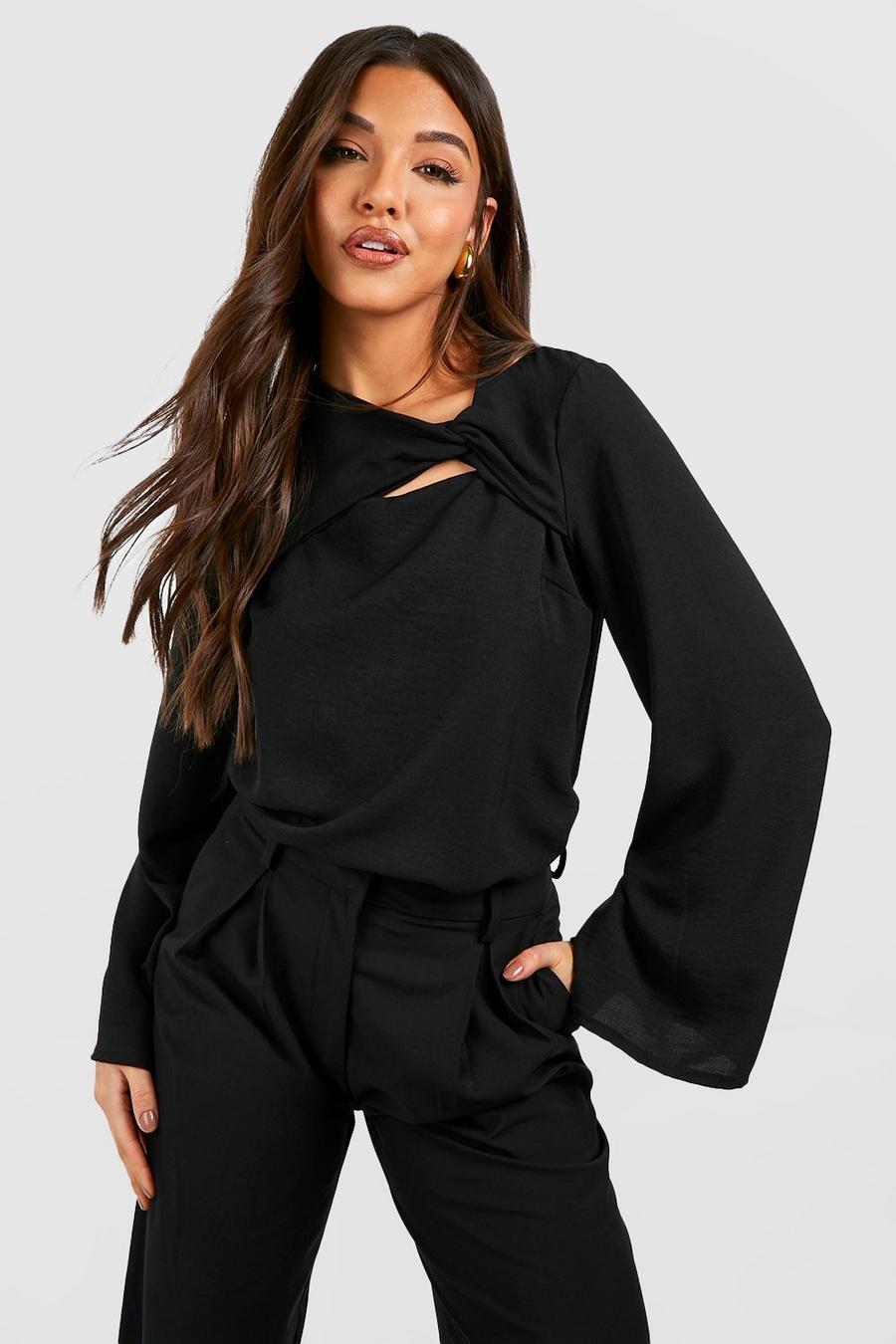 Black Hammered Knot Detail Puff Sleeve Blouse image number 1