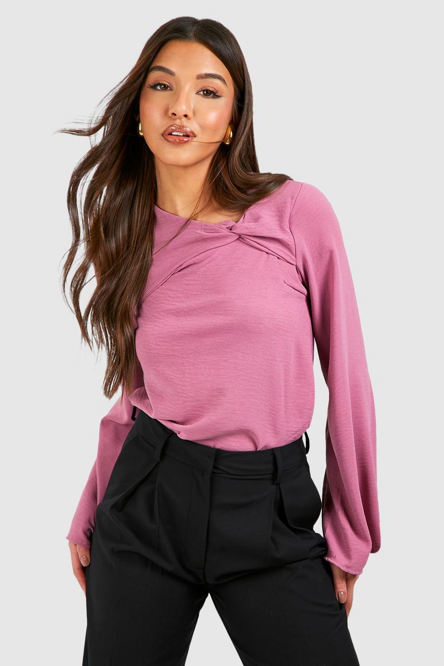 Rose Hammered Knot Detail Puff Sleeve Blouse image number 1