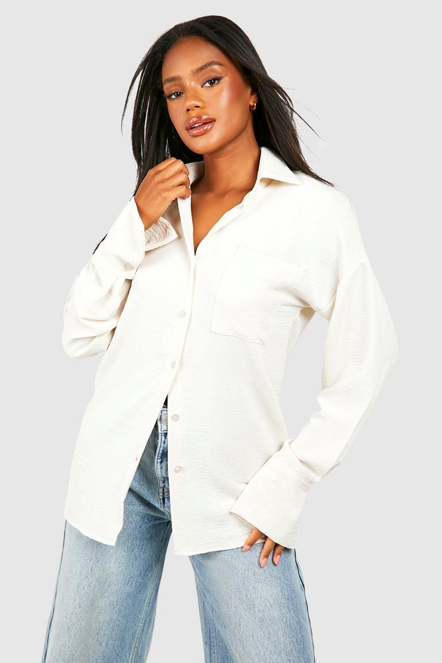 Camisa martillada con bolsillos y puños anchos, Cream image number 1