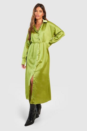 Olive Green Satin Pleat Front Midi Shirt Dress