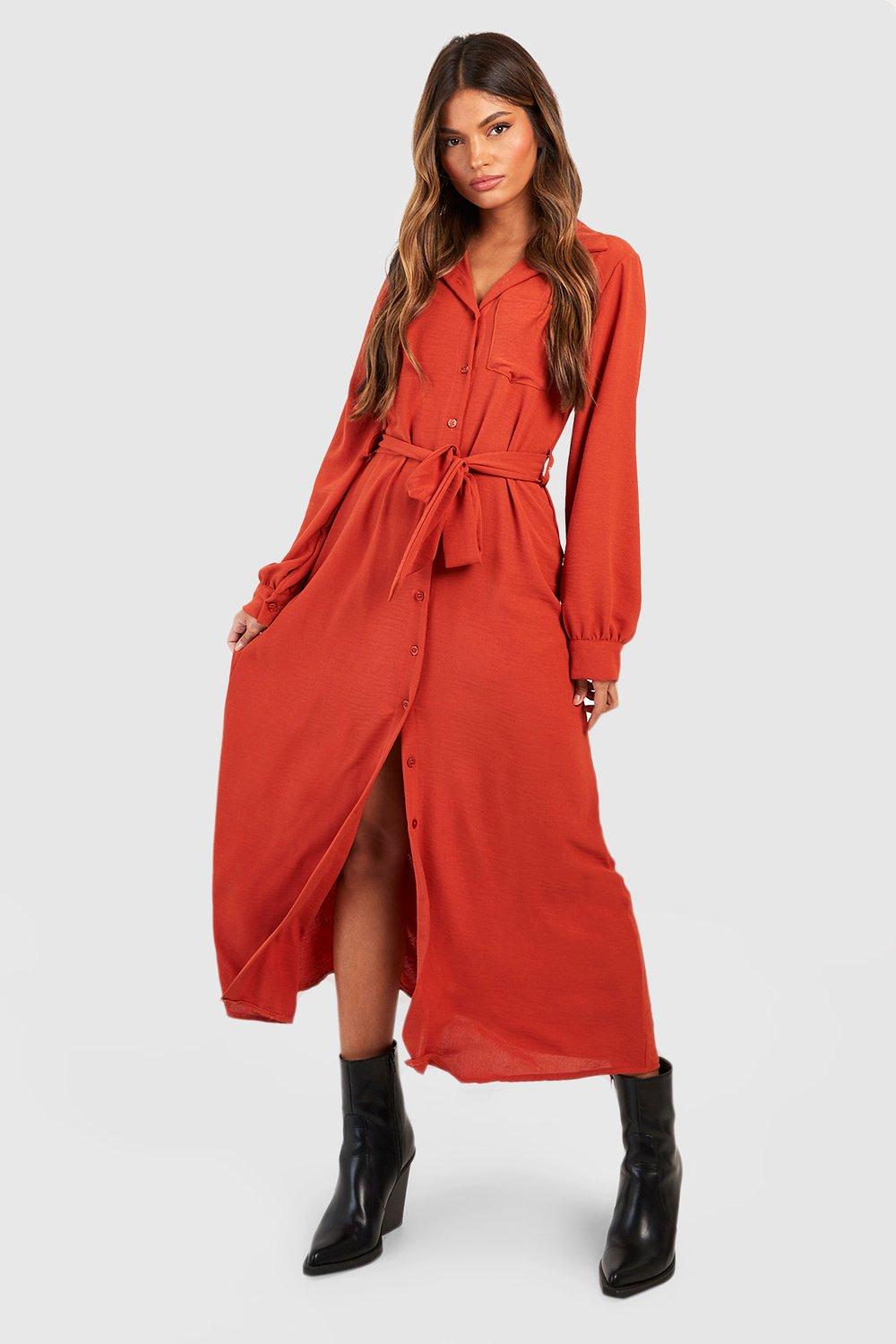 Hammered Pocket Detail Long Sleeve Midaxi Shirt Dress