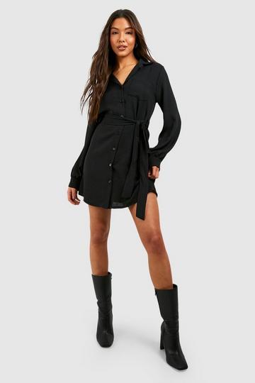 Black Hammered Pocket Detail Long Sleeve Utility Shirt Dress