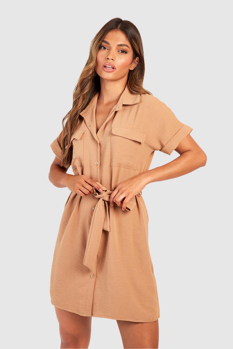 Camel beige Hammered Pocket Detail Utility Shirt Dress