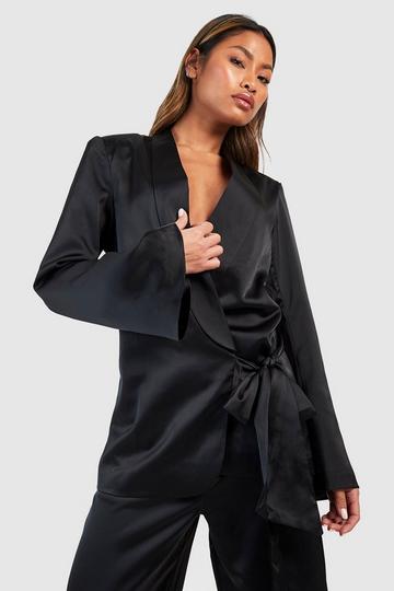 Textured Matte Satin Flared Sleeve Blazer black