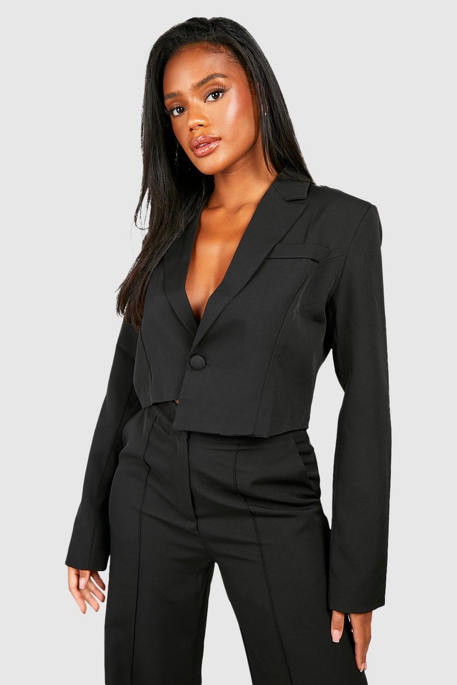 Black Relaxed Fit Cropped Asymmetric Hem Blazer image number 1
