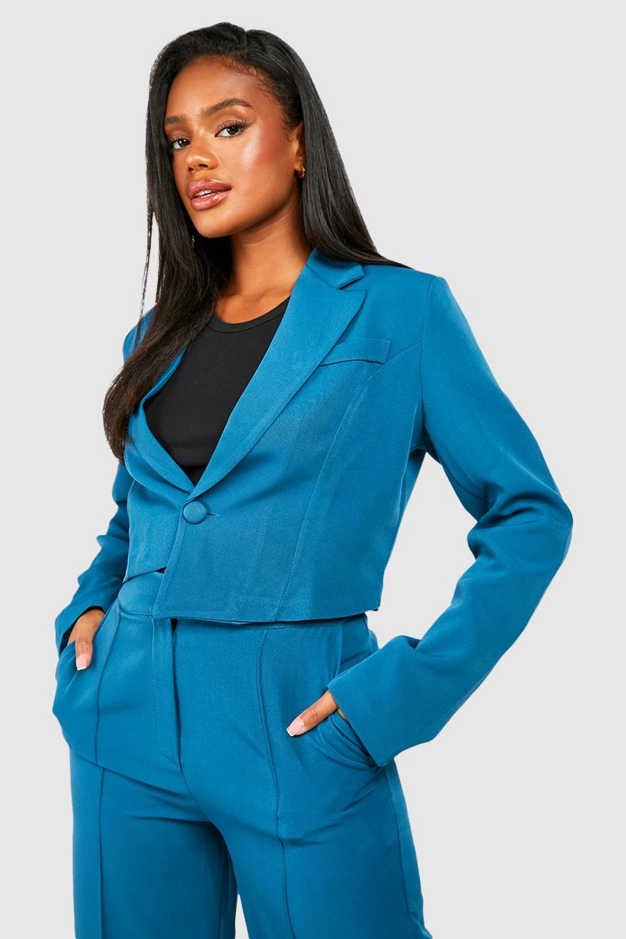 Petrol Relaxed Fit Cropped Asymmetric Hem Blazer image number 1