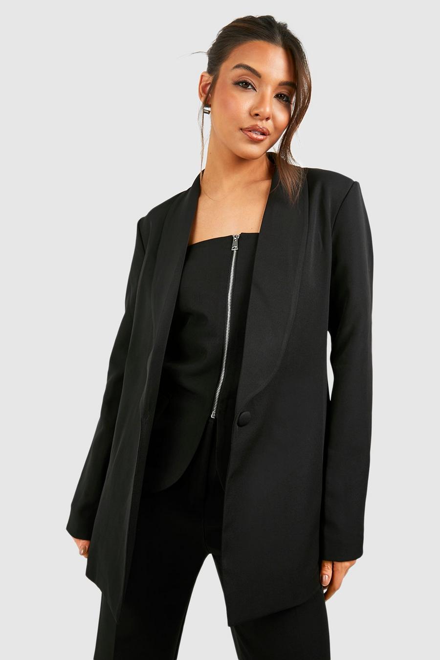 Black Slim Fit Plunge Front Tailored Blazer image number 1