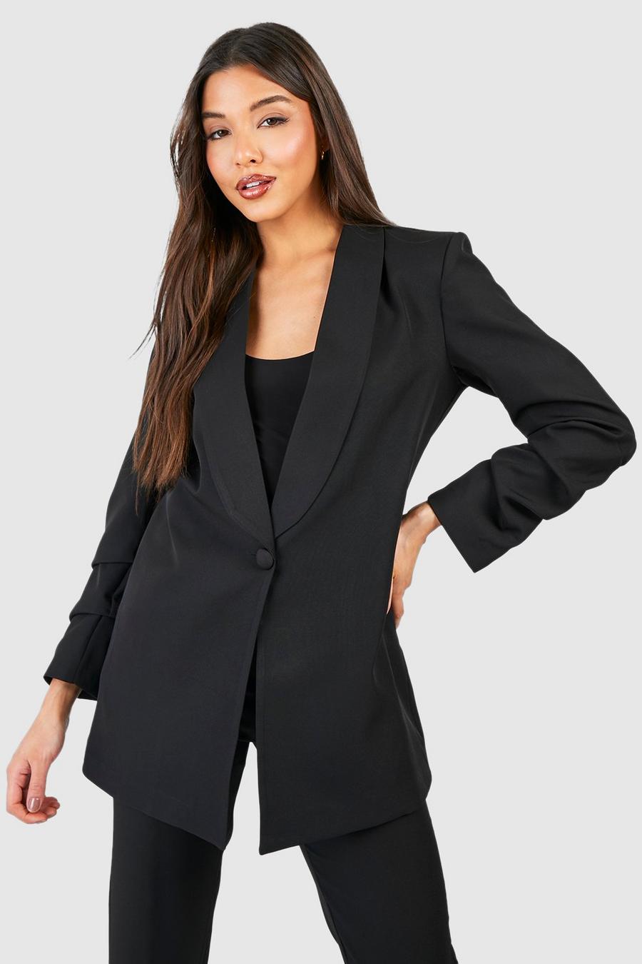 Black Plunge Front Fitted Ruched Sleeve Blazer image number 1