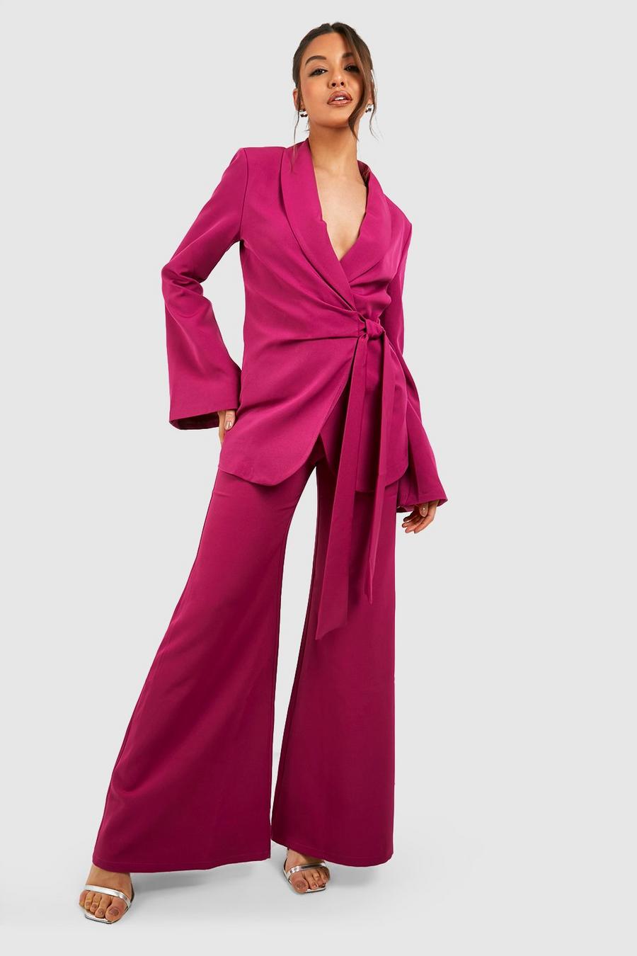 Magenta pink Super Flared Wide Leg Tailored Trousers