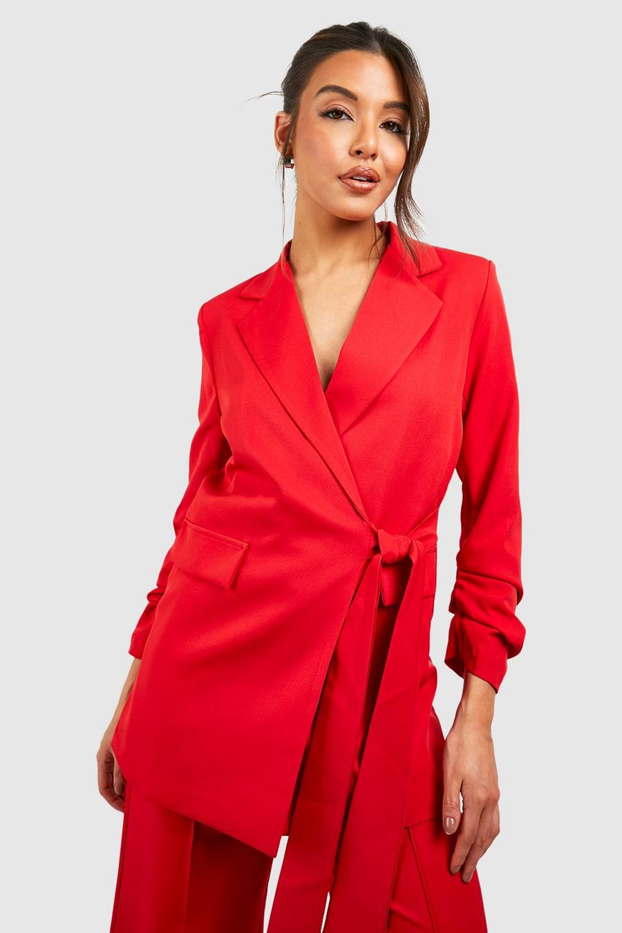 Red Tie Waist Ruched Sleeve Tailored Blazer image number 1