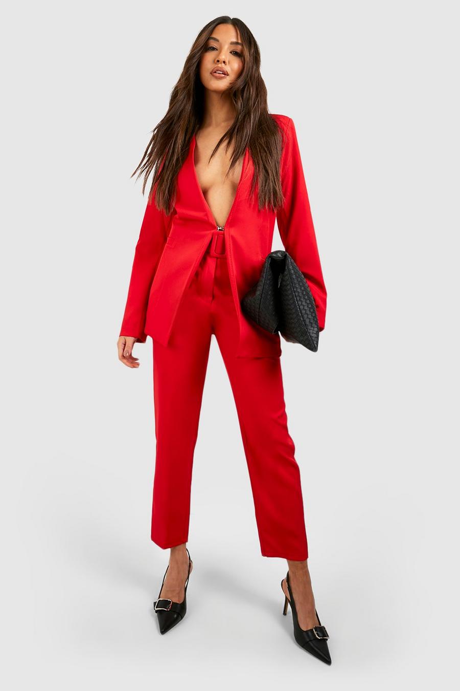 Red Self Fabric Belted Slim Fit Trousers image number 1