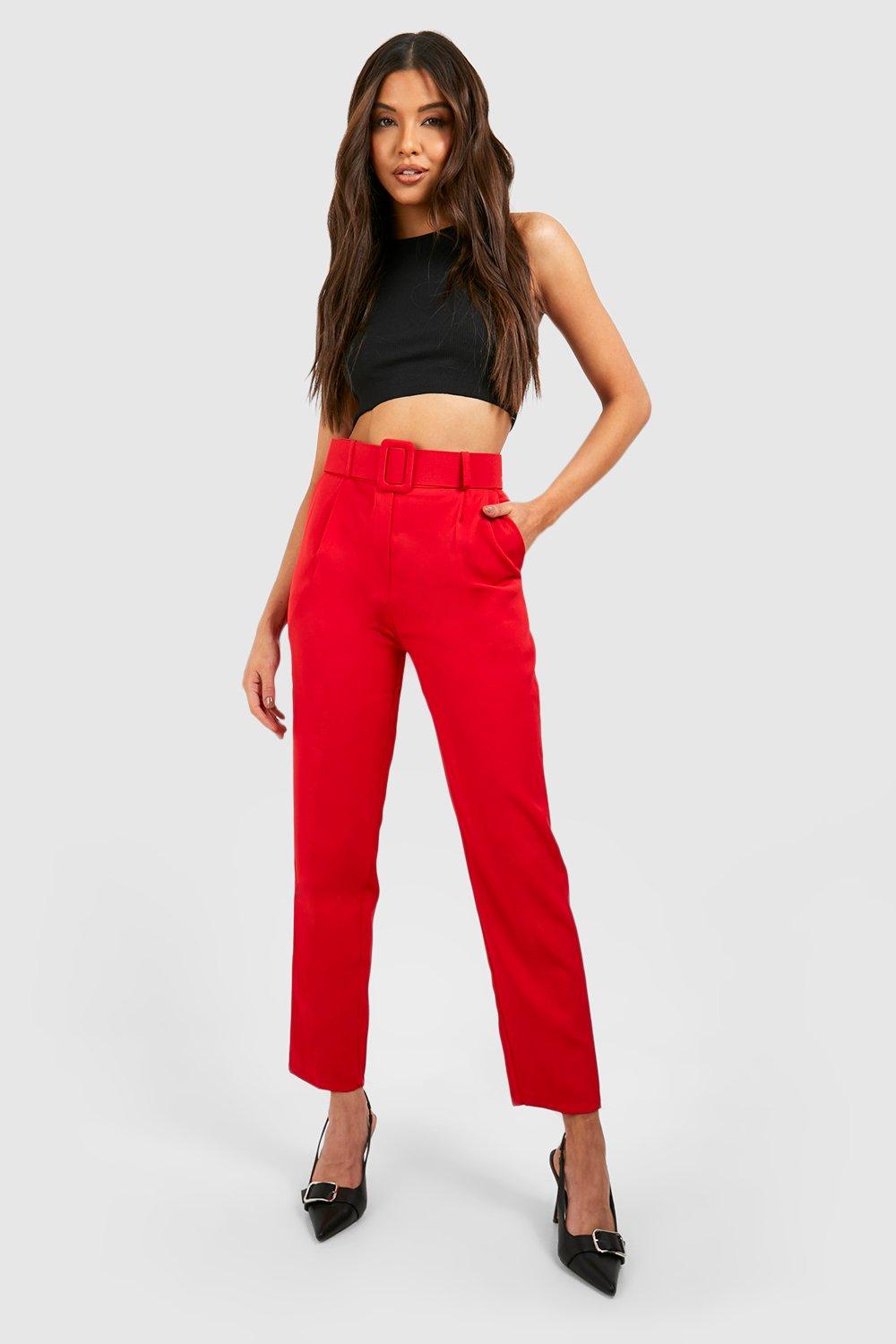 Self Fabric Belted Slim Fit Trousers boohoo