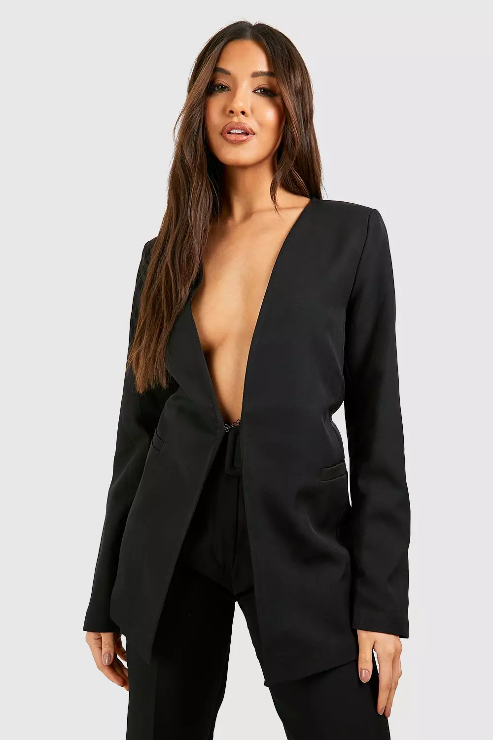 Black Plunge Front Collarless Blazer alternative image