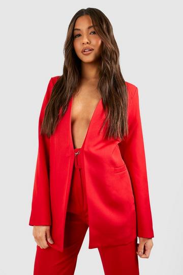 Red Plunge Front Collarless Blazer