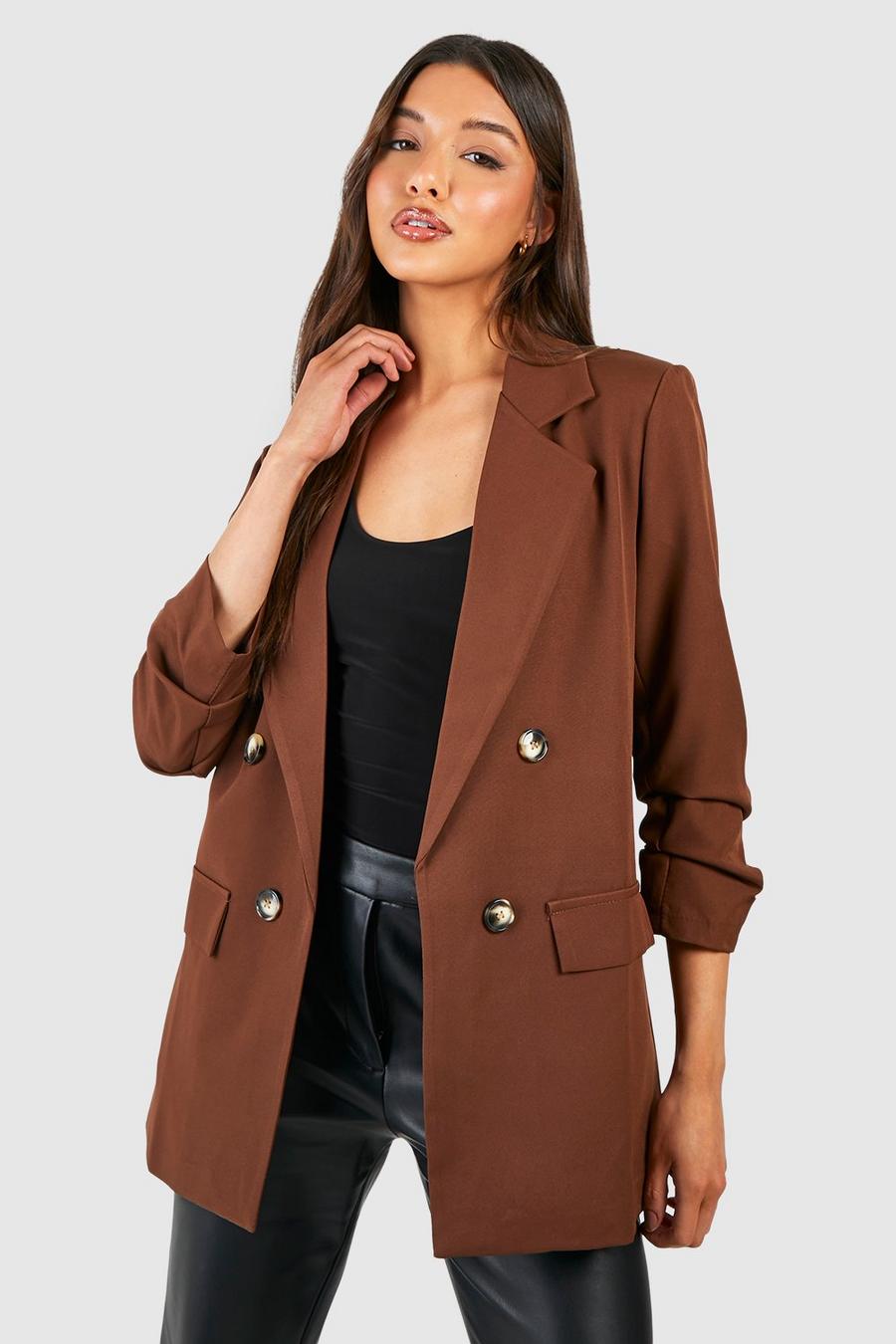 Chocolate Double Breasted Mock Horn Ruched Sleeve Blazer