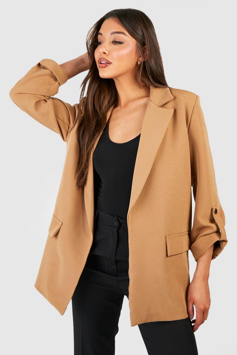 Camel Gold Button Turn Cuff Relaxed Fit Blazer image number 1