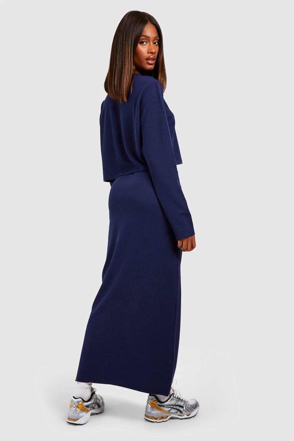 Navy Ribbed Midi Dress