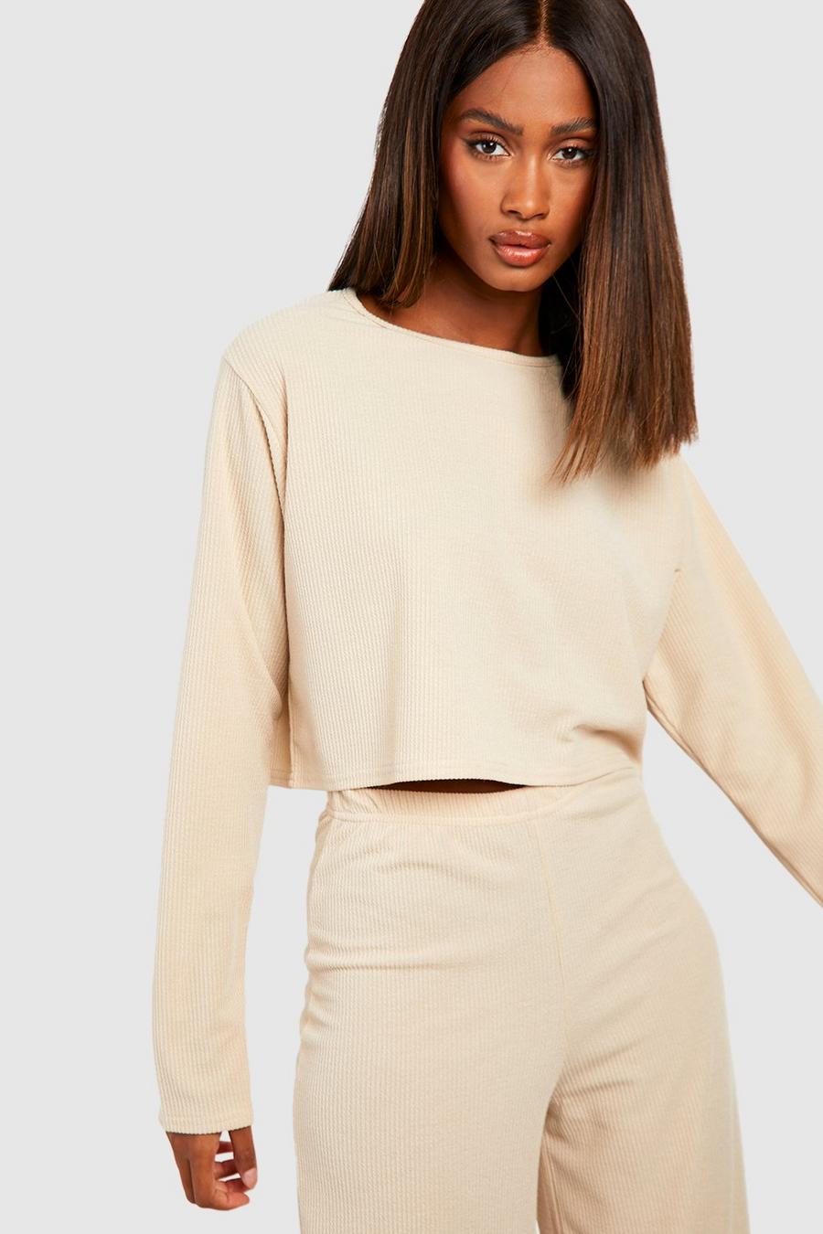 Natural beige Ribbed Round Neck Boxy Crop