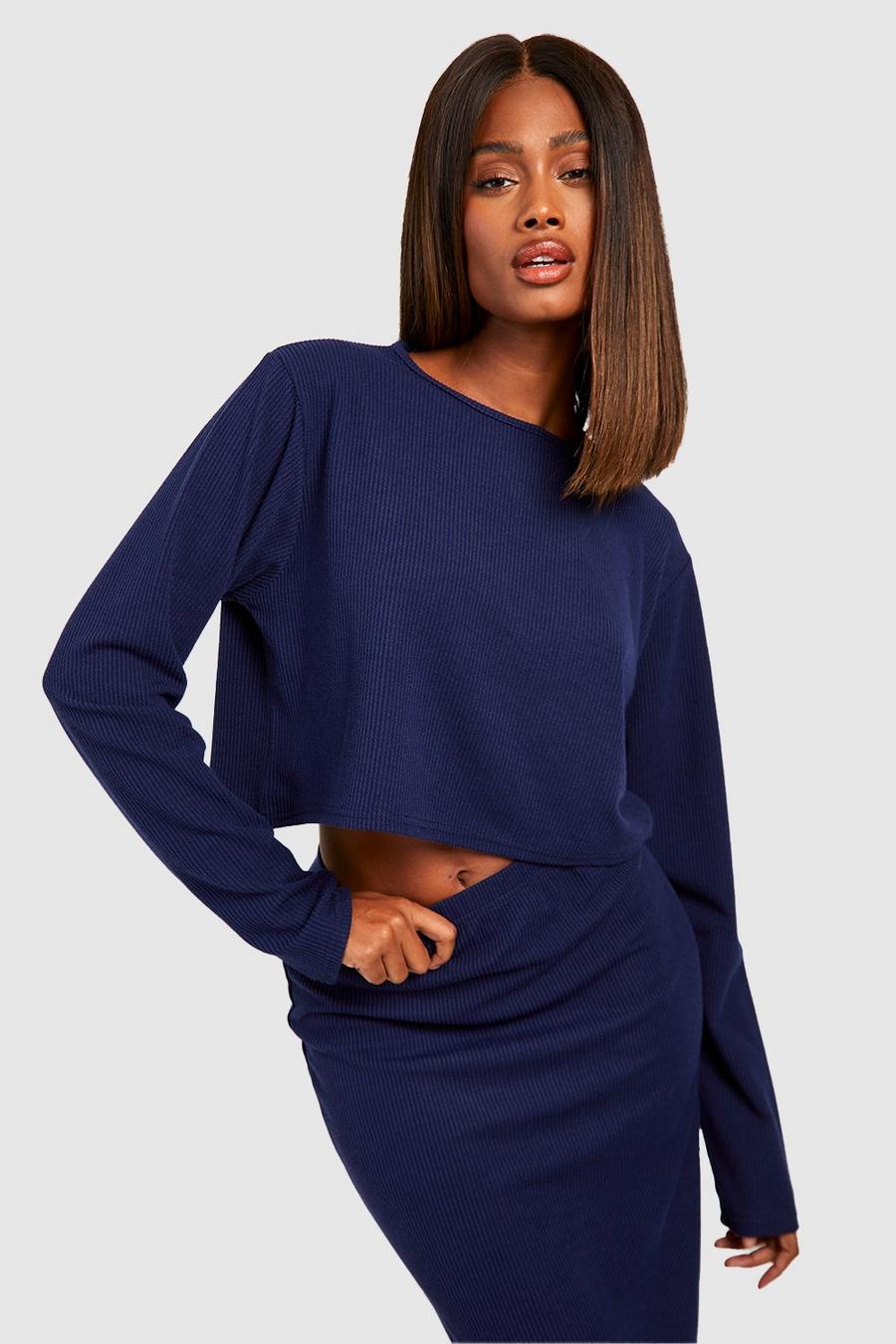 Navy Ribbed Round Neck Boxy Crop image number 1