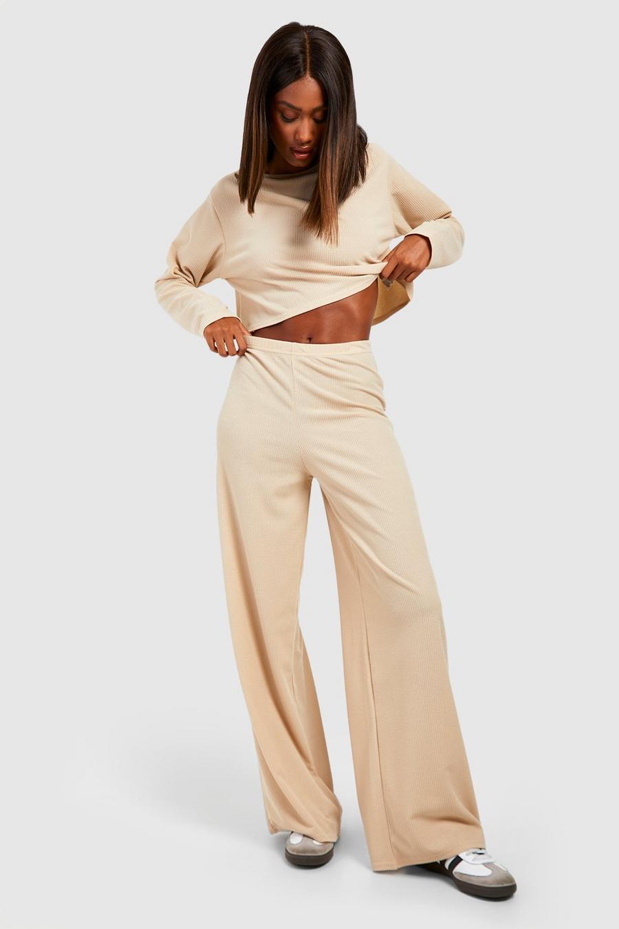 Natural beige Ribbed Wide Leg Trousers image number 1