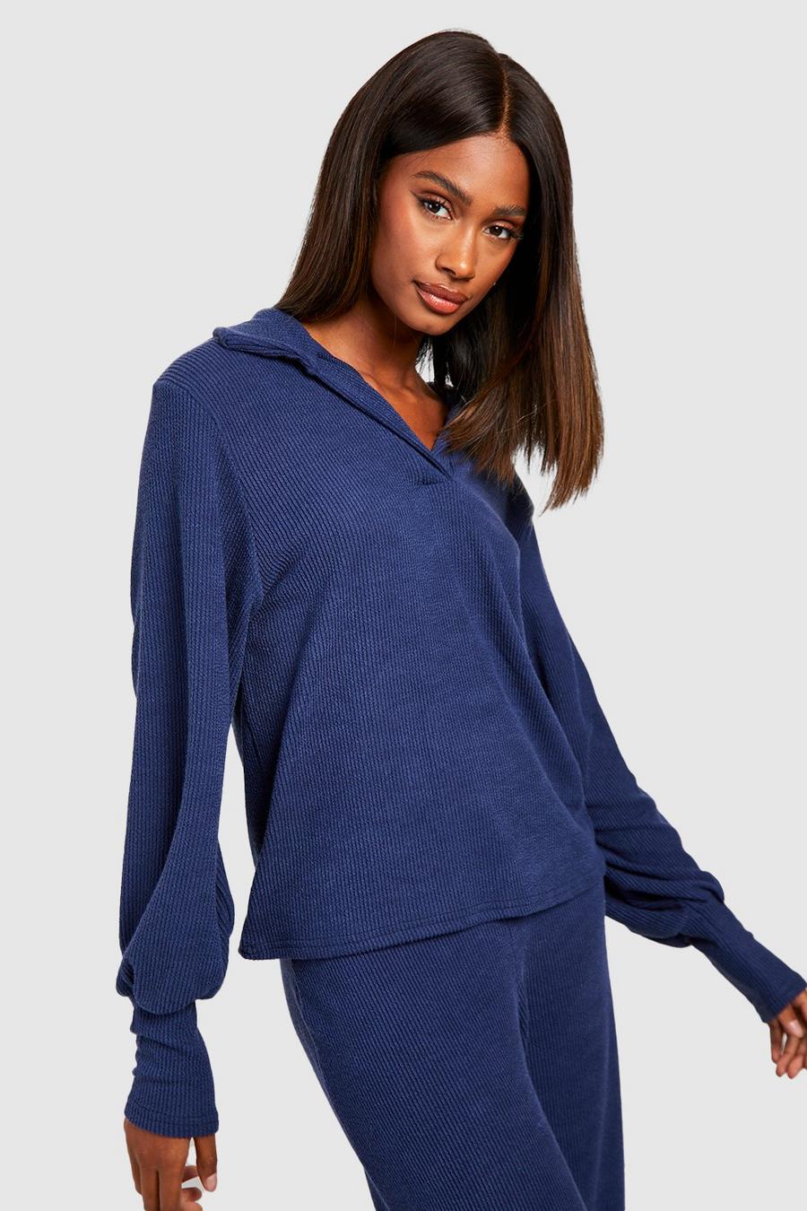 Navy Ribbed Oversized Slouchy V Neck Top image number 1