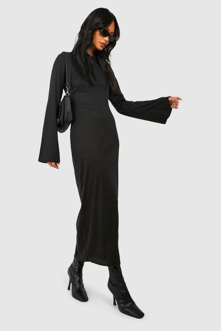Black Rib Knit Flare Sleeve Midi Dress image number 1