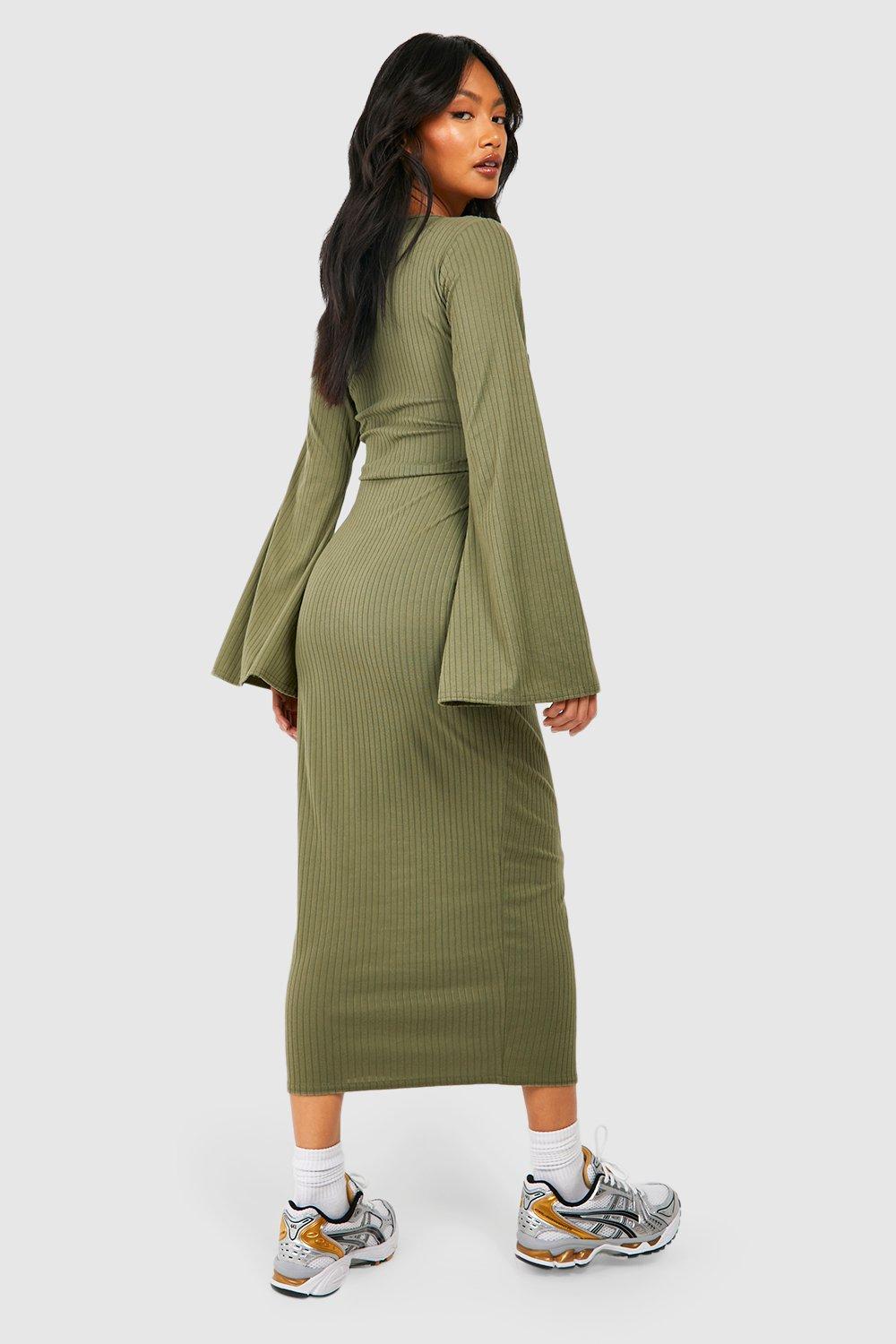 Women's Rib Knit Flare Sleeve Midaxi Dress | Boohoo UK