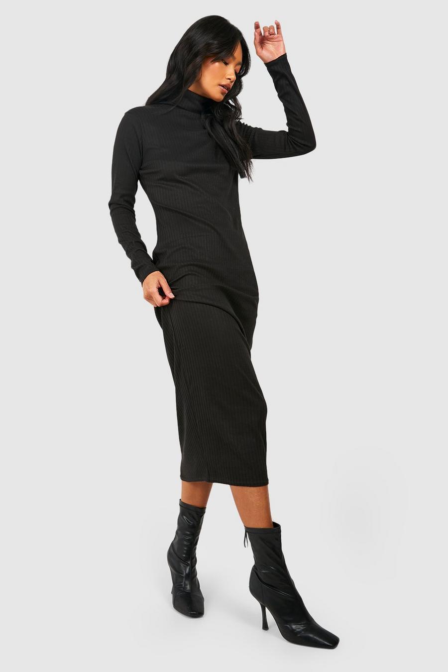 Black Rib Roll Neck Midaxi Dress image number 1
