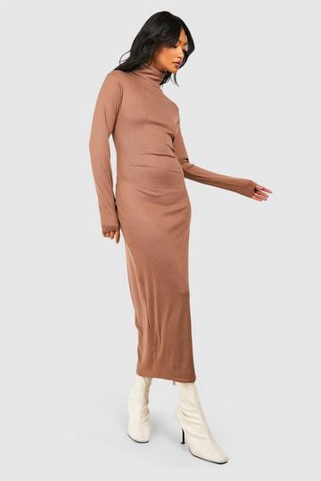 Rib Turtleneck Midi Dress camel