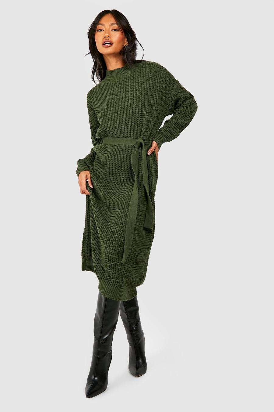 Khaki High Neck Belted Knitted Midi Dress image number 1