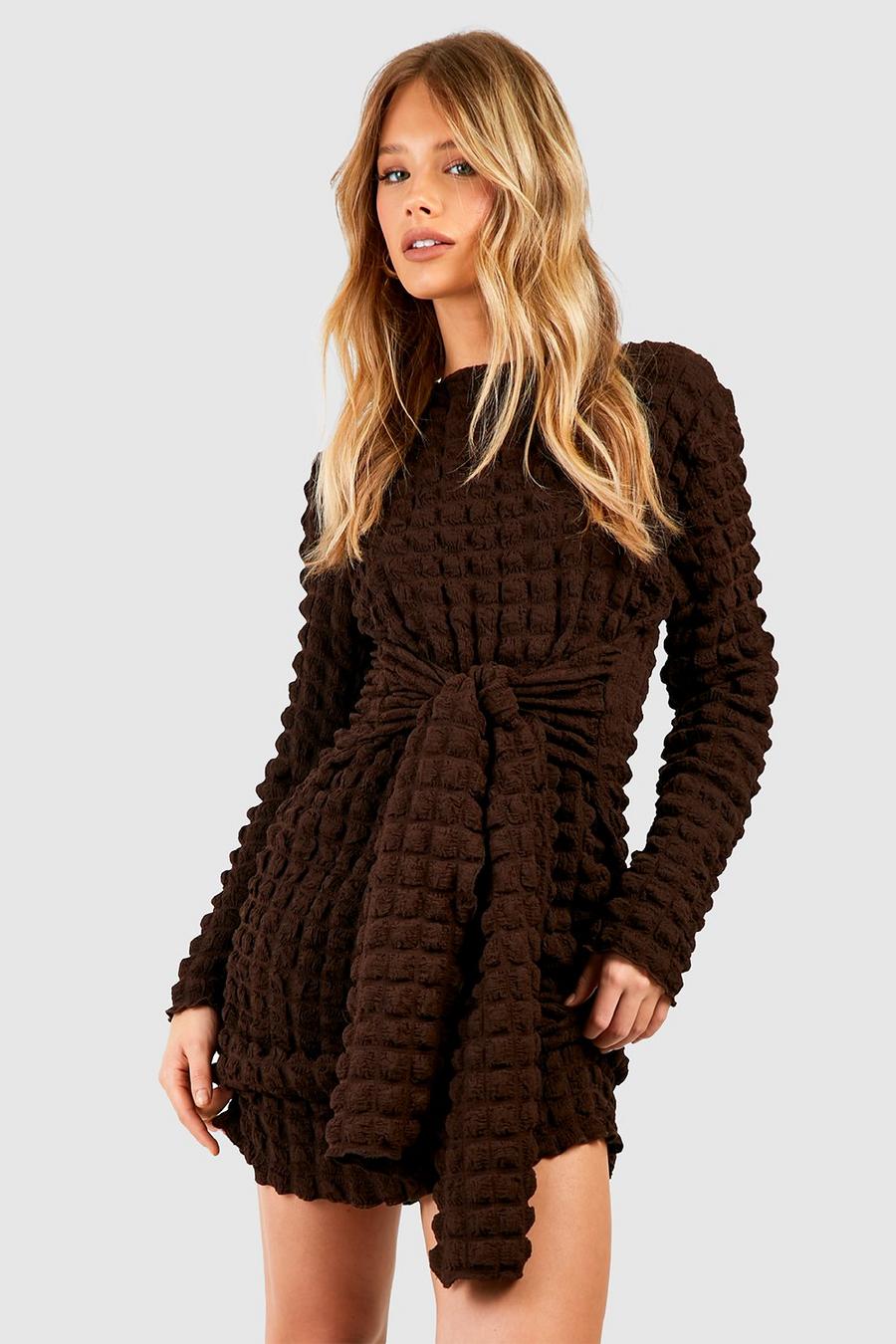 Chocolate brown Tie Front Bubble Long Sleeve Mini Dress