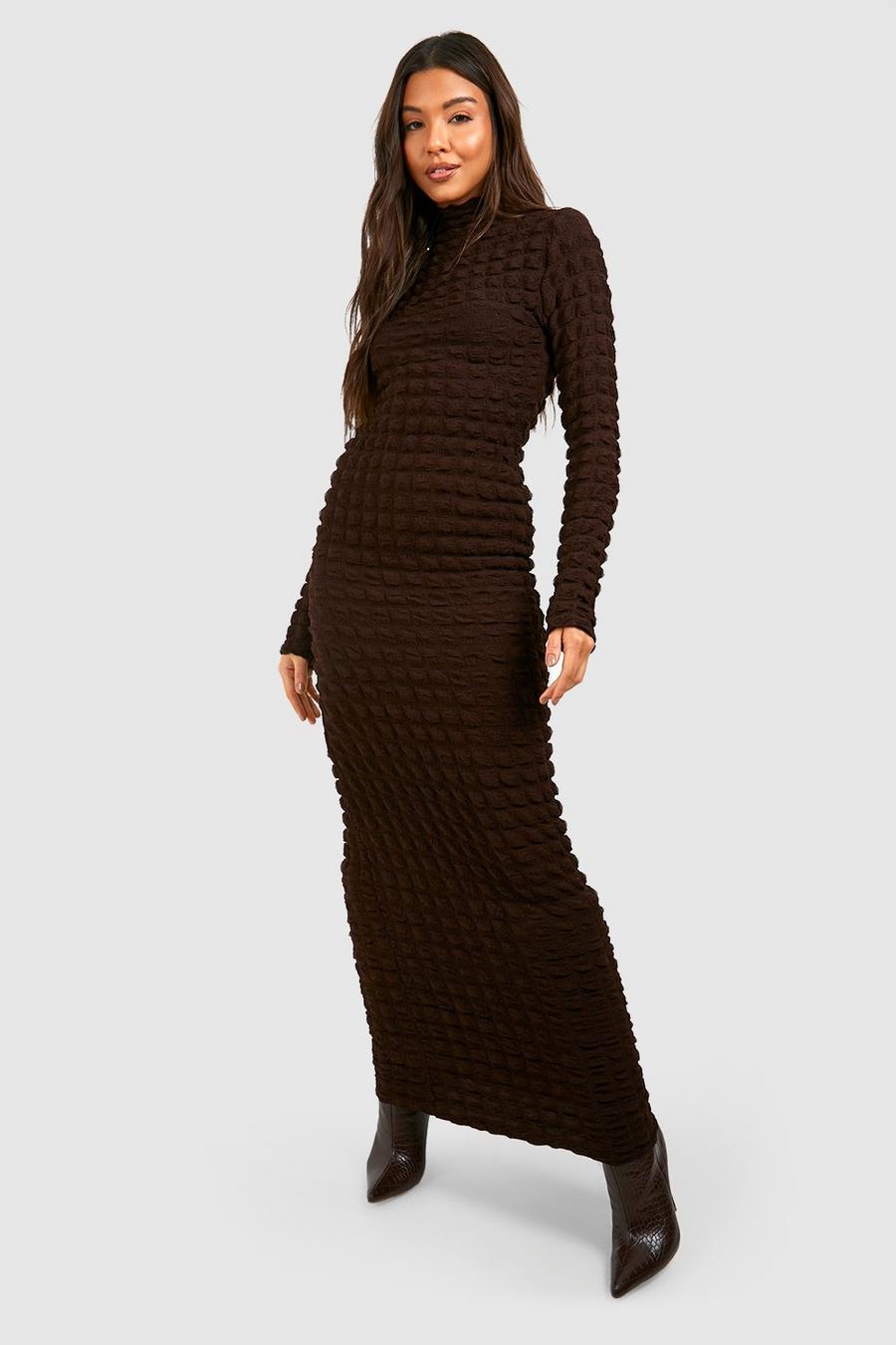 Chocolate Bubble Textured Turtleneck Maxi Dress image number 1