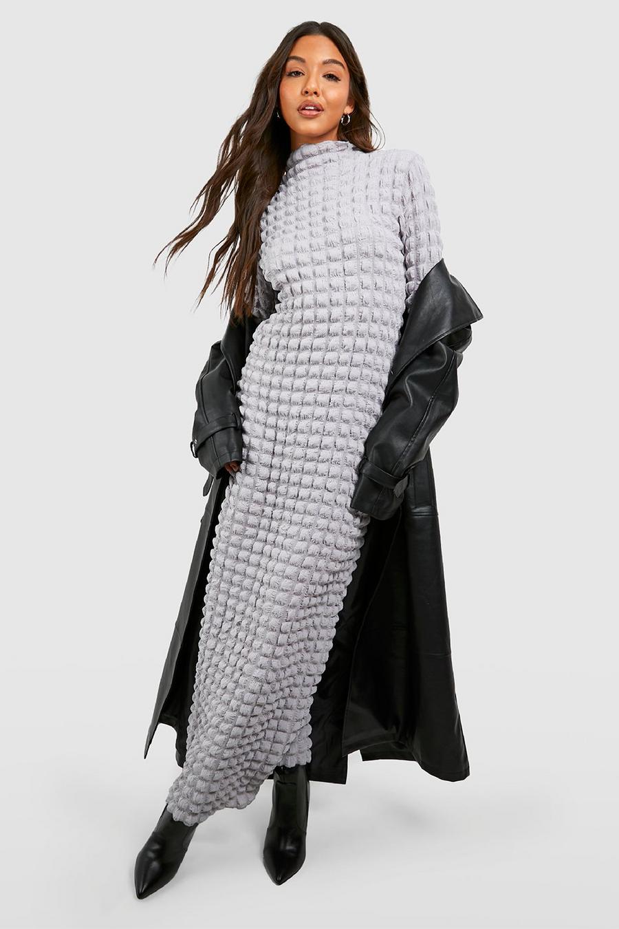 Grey marl Bubble Textured Turtleneck Maxi Dress