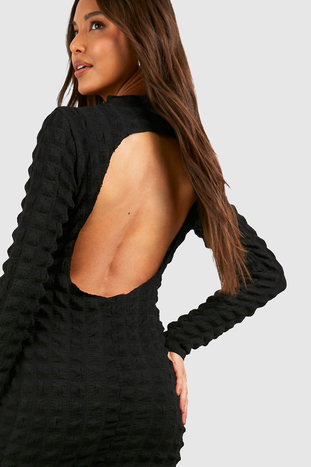 Long sleeve open back mini clearance dress