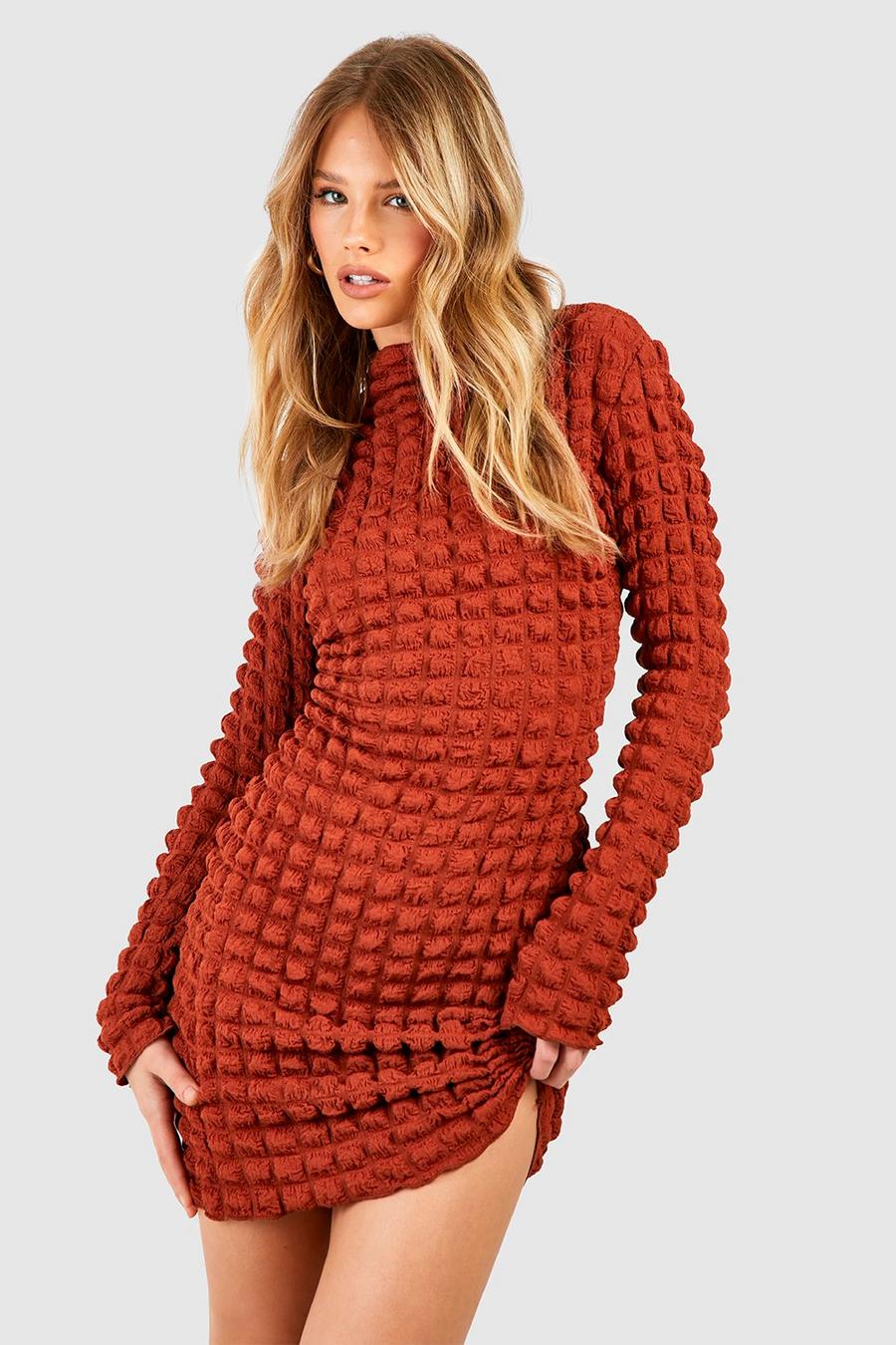 Rust Bubble Textured Roll Neck Open Back Mini Dress image number 1
