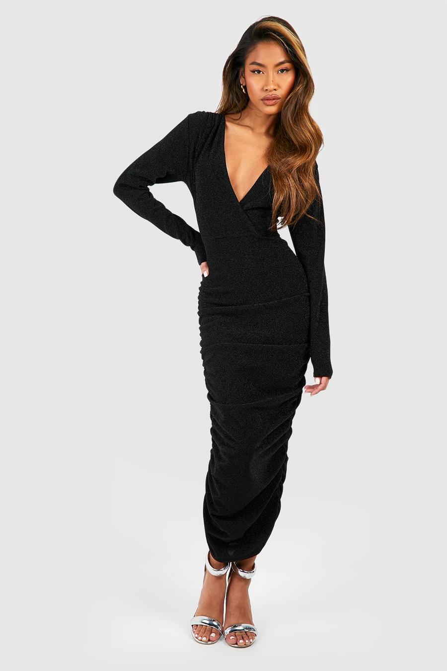 Black Glitter Rouched Wrap Midaxi Dress image number 1