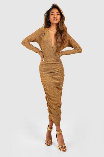 Gold Metallic Glitter Rouched Wrap Midaxi Dress