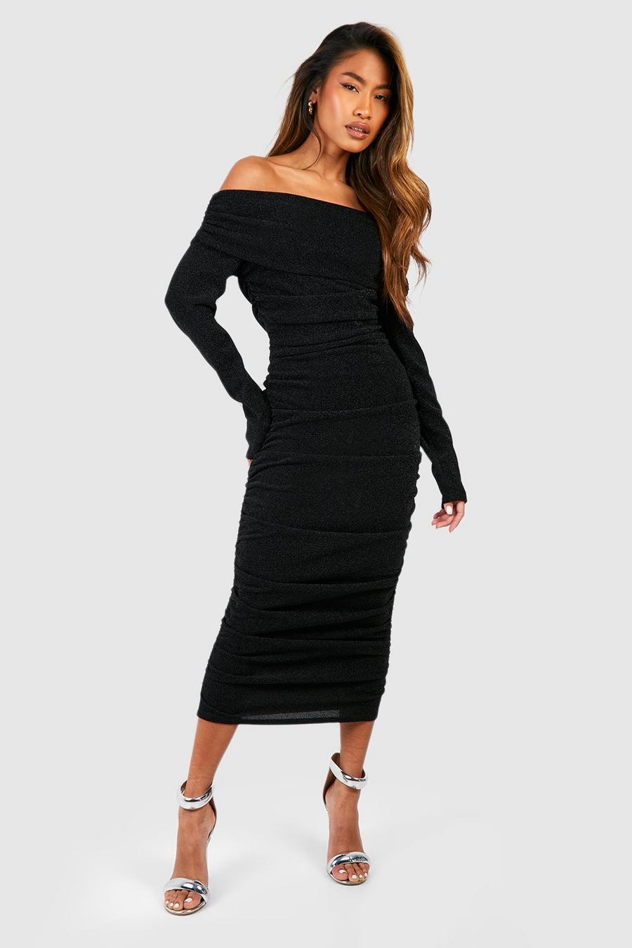 Black Glitter Rouched Bardot Midaxi Dress