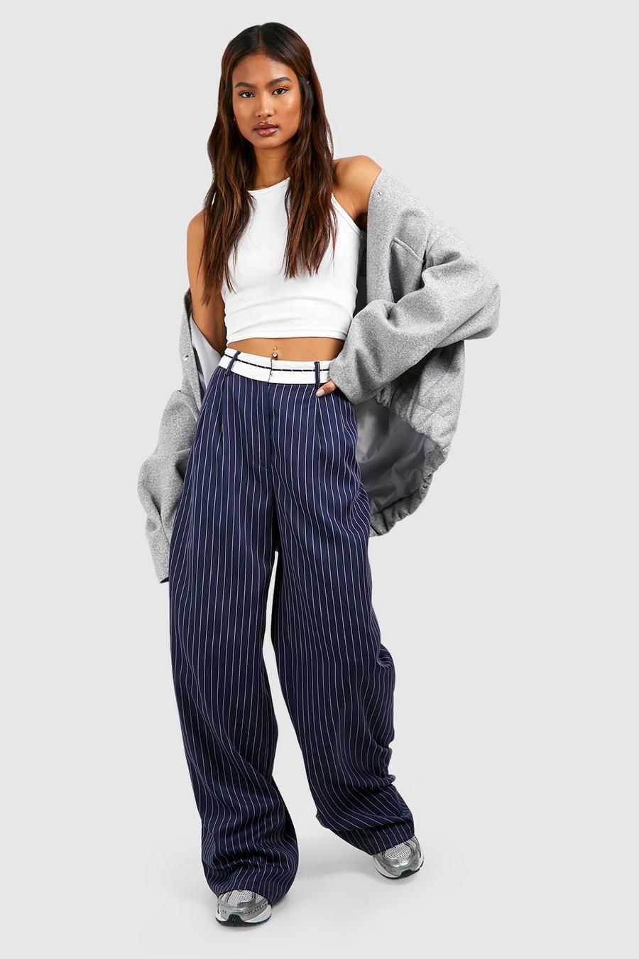 Navy Tall Stripe Reverse Waistband Wide Leg Pants image number 1