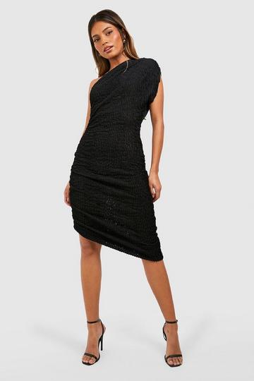 Black One Shoulder Knitted Assymetric Midi Dress
