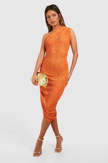 Rust Orange One Shoulder Knitted Assymetric Midi Dress