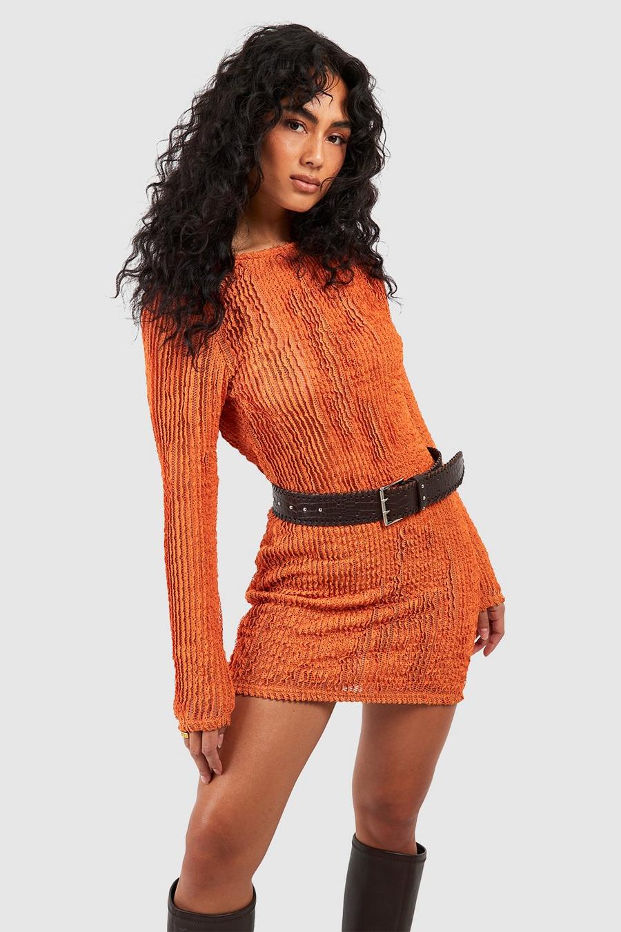 Rust Cowl Back Knitted Bodycon Dress image number 1