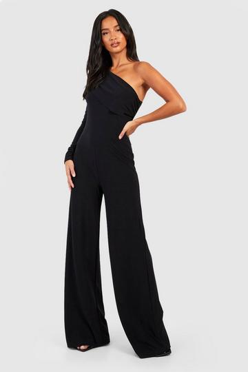 Petite Premium Slinky Shoulder Pad One Sleeve Jumpsuit black