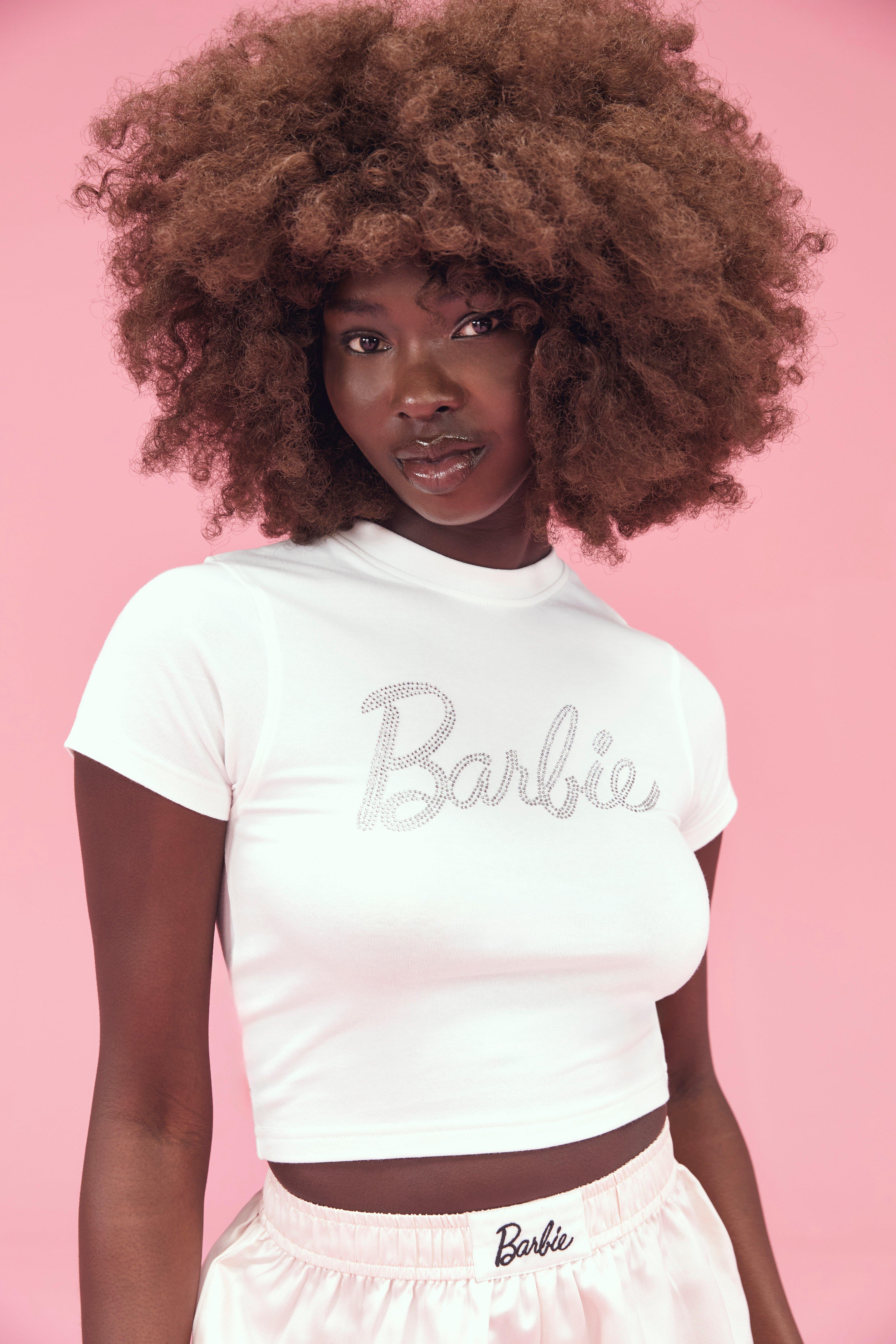 Women's White Barbie Diamante Short Sleeve Crop Top