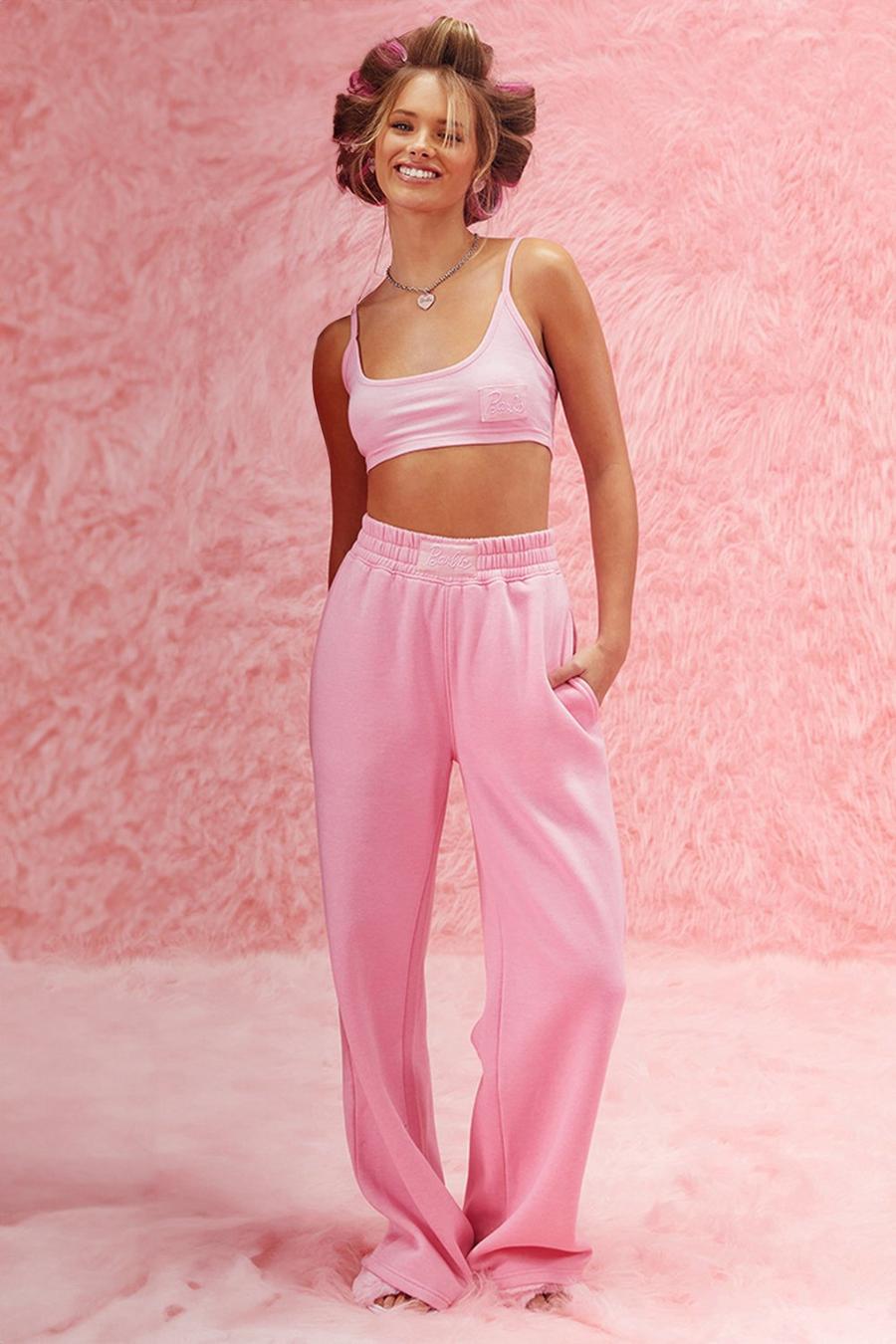 Baby pink rosa Barbie Label Detail Wide Leg Joggers