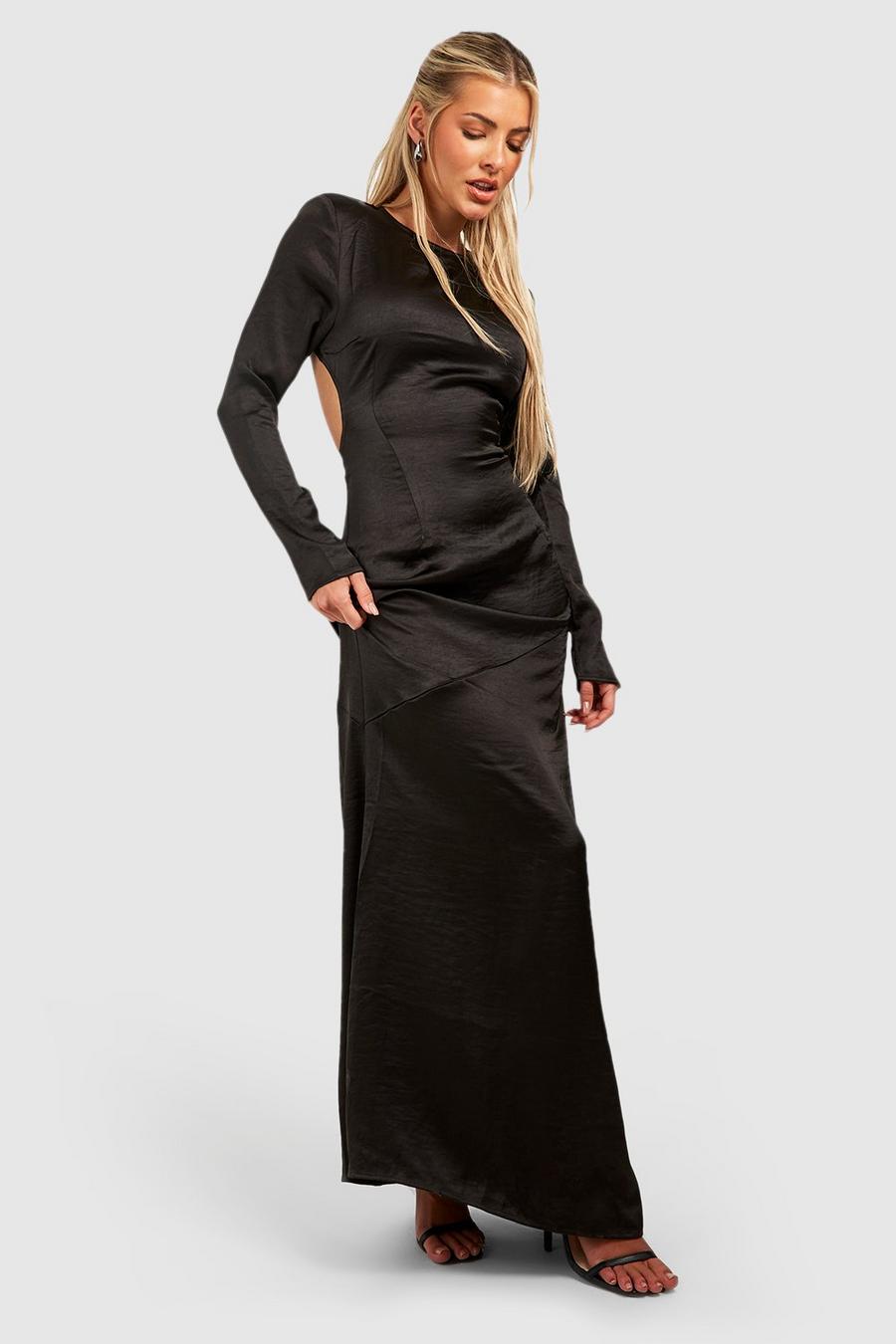 Vestido maxi de raso con panel y espalda abierta, Black image number 1