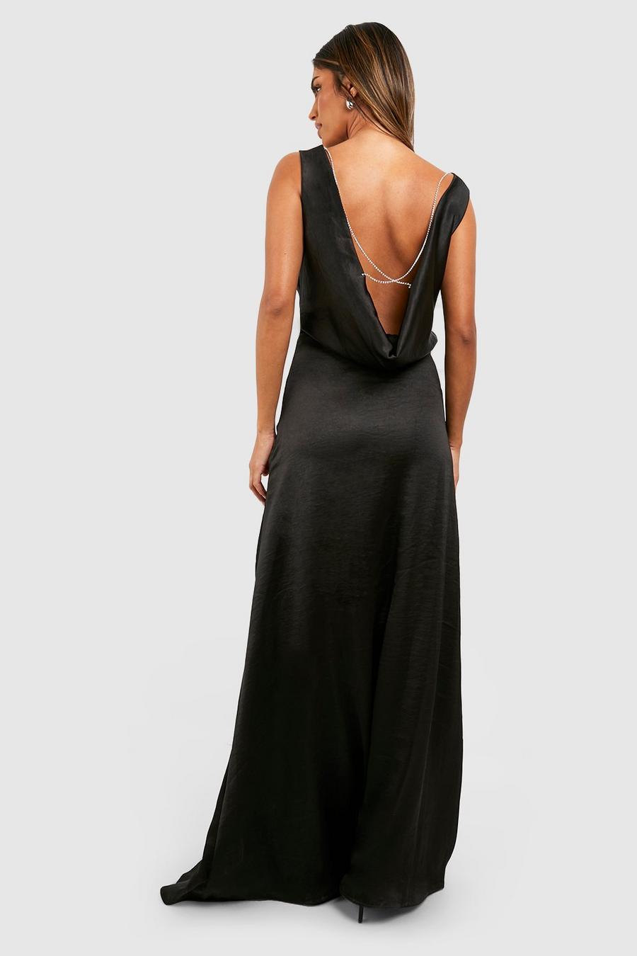 Black Satin Paneled Diamate Trim Maxi Dress