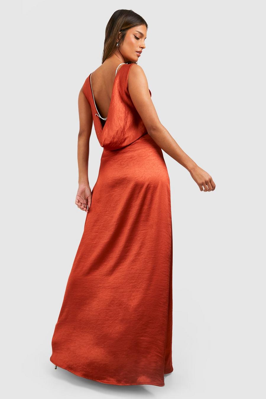 Copper orange Satin Panelled Diamate Trim Maxi Dress